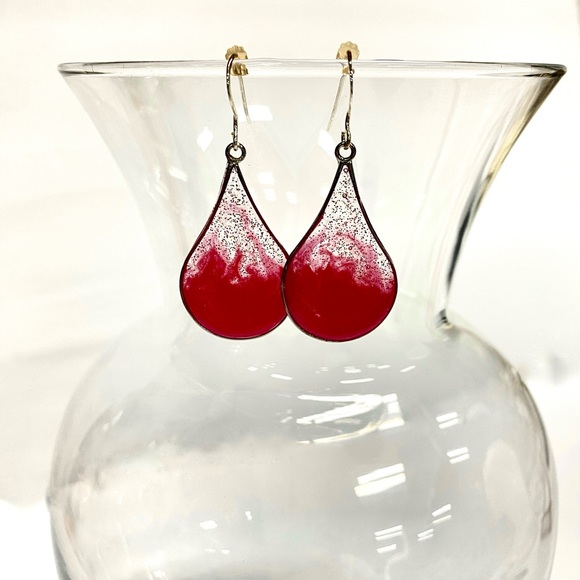 HANDMADE Glitter Pink Teardrop Dangle Sterling Silver French Hook Earrings - Picture 5 of 9